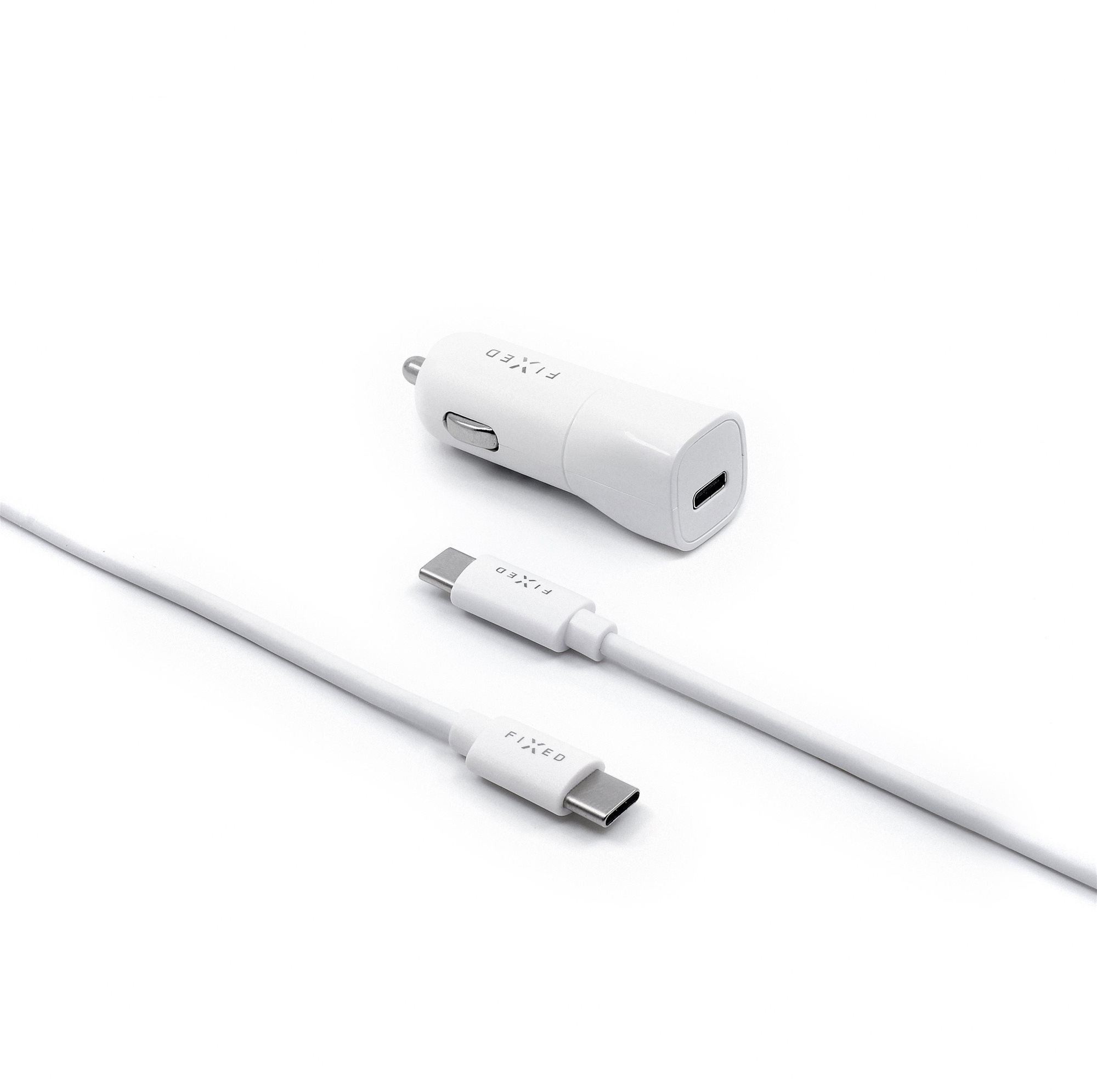 Autós töltő FIXED Car  USB-C kimenettel és USB-C / USB-C kábellel PD 1m 18W fehér támogatással