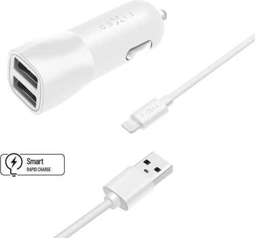 Autós töltő FIXED Smart Rapid Charge 15 W 2x USB kimenettel és USB/Lightning kábellel MFI tanúsítvány