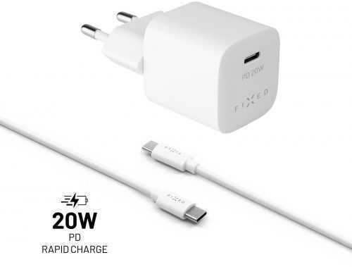 Hálózati adapter FIXED PD Rapid Charge Mini USB-C kimenettel és USB-C/USB-C kábel PD támogatással 1 méter 20W fehér