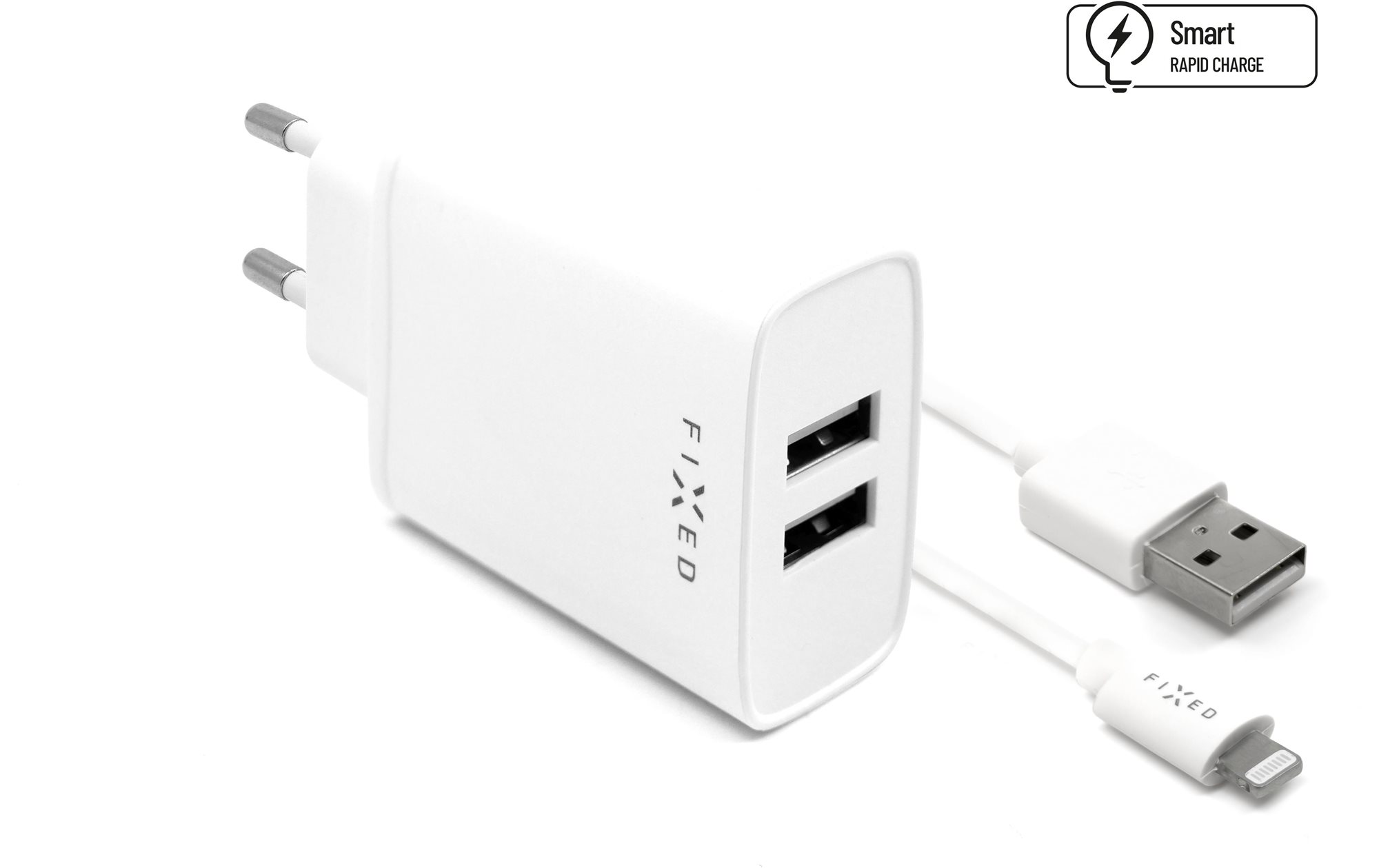 Hálózati adapter FIXED Smart Rapid Charge 15 W 2 x USB kimenettel és USB/Lightning kábellel 1m MFI tanúsítvány fehér