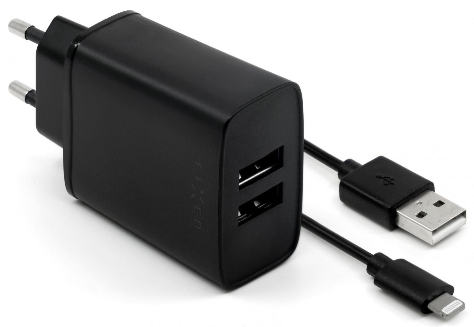 Hálózati adapter FIXED Smart Rapid Charge 15W  2 x USB kimenettel és USB/Lightning kábellel 1 m fekete