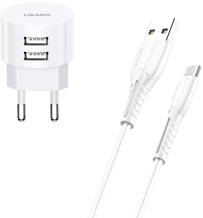 Hálózati adapter USAMS T20 kettős USB körtöltő + U35 mikro USB kábel fehér