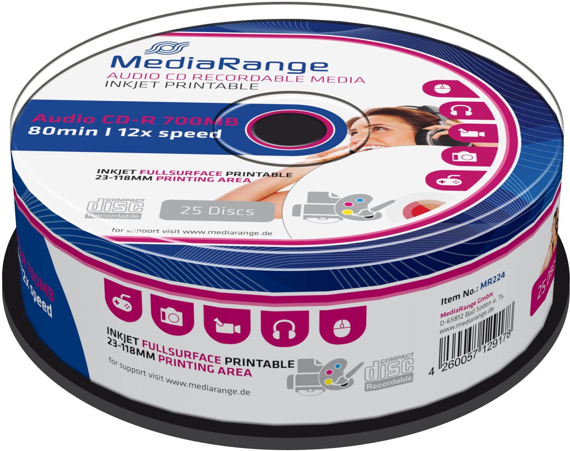 Média MediaRange Audio CD-R Inkjet Printable Fullsurface 25db cakebox