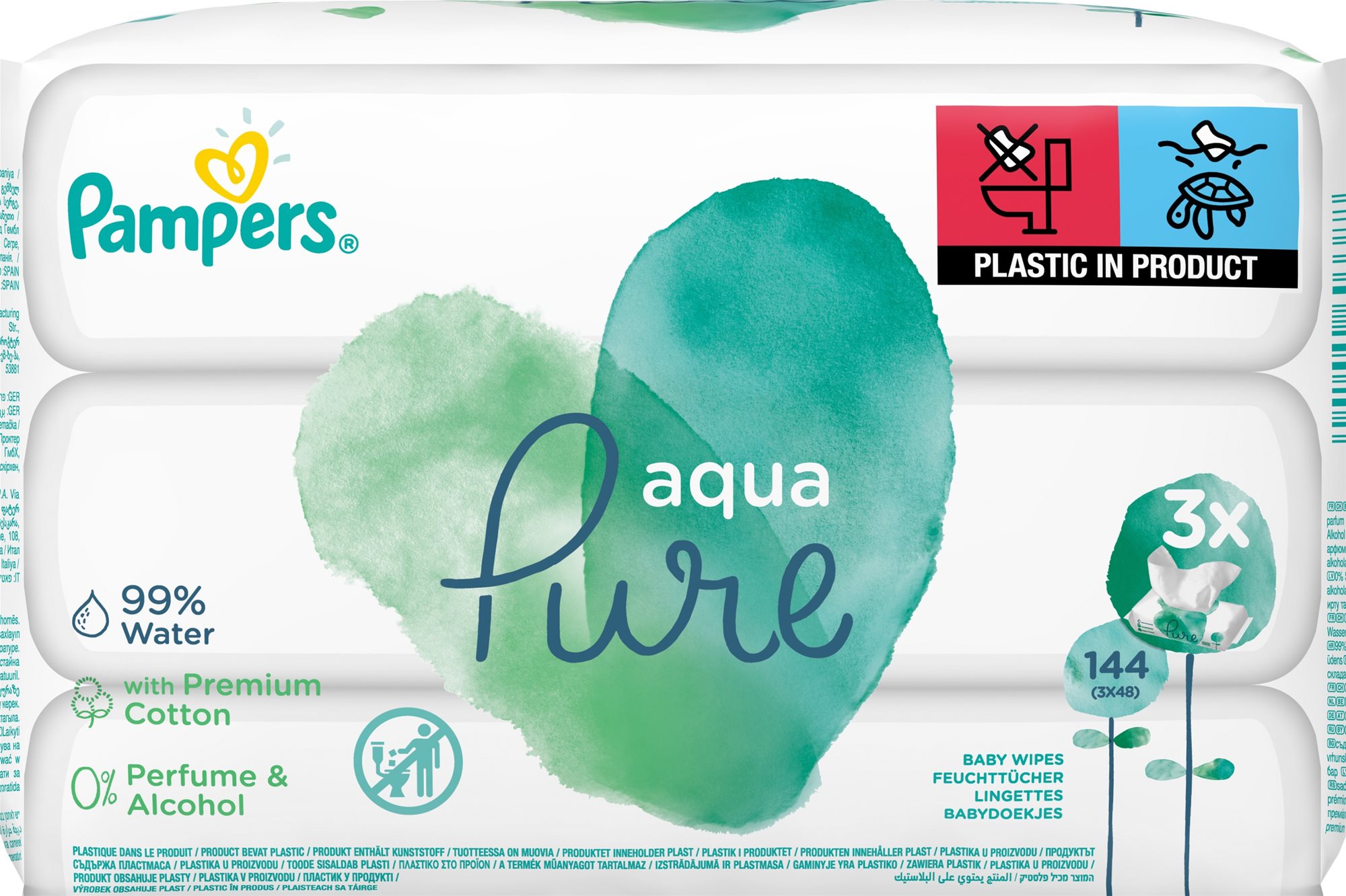 Popsitörlő PAMPERS Aqua Pure nedves törlőkendők 3 × 48 db