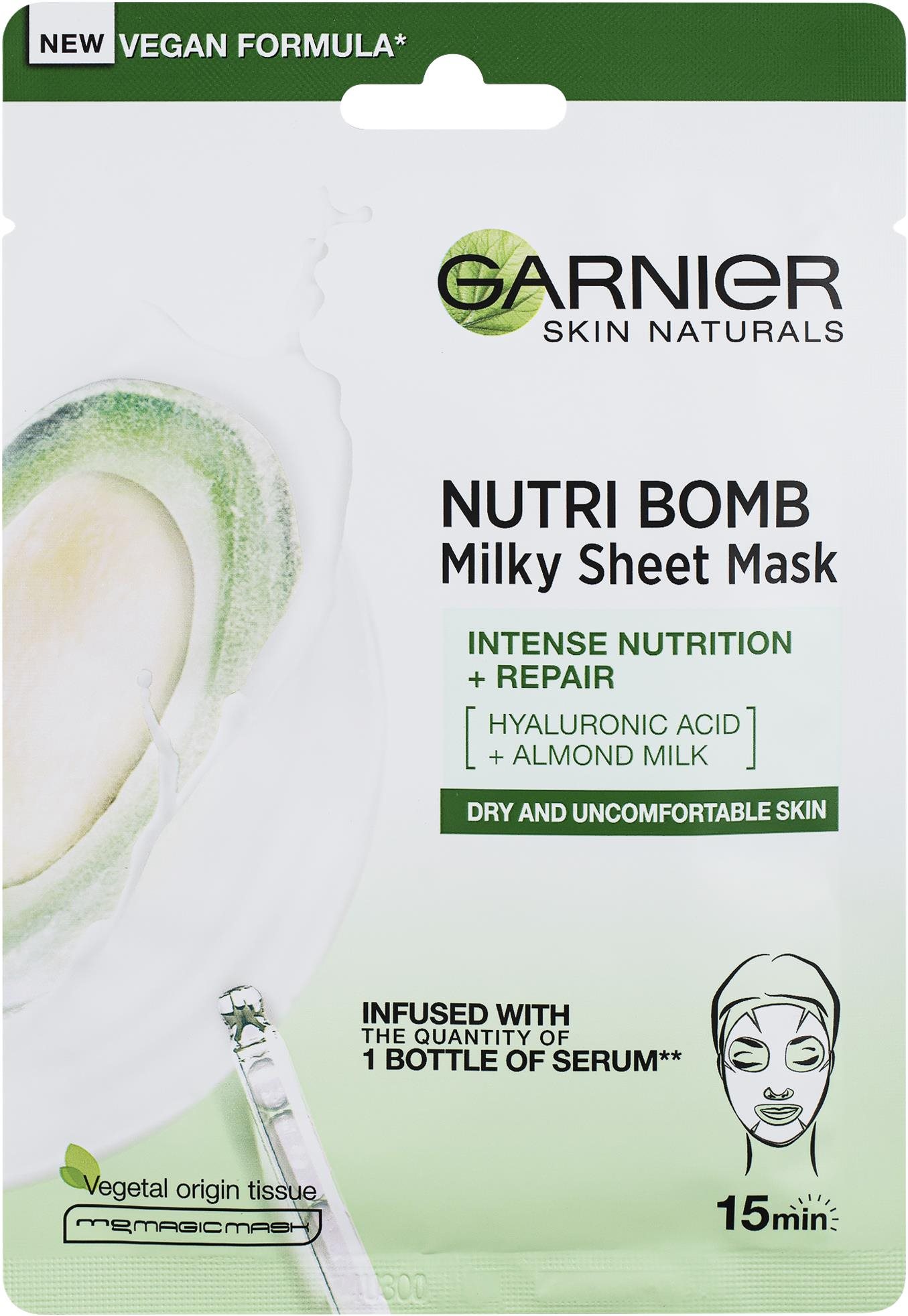 Arcpakolás GARNIER Nutri Bomb + Reparation Milky Tissue Mask 32 g