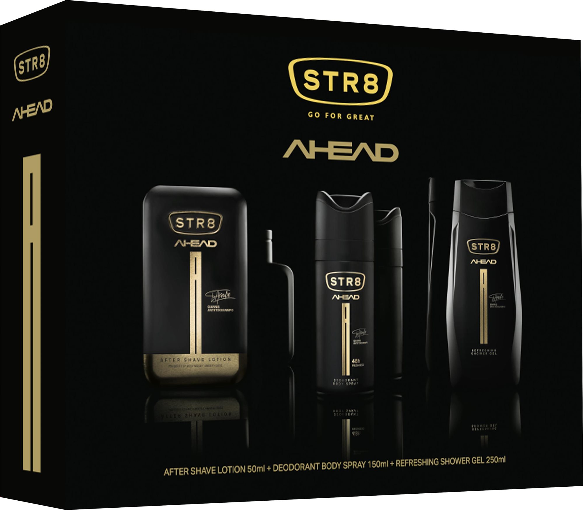 Kozmetikai ajándékcsomag STR8 AHEAD Borotválkozás utáni víz 50 ml + Deo spray 150 ml + Tusfürdő zselé 250 ml