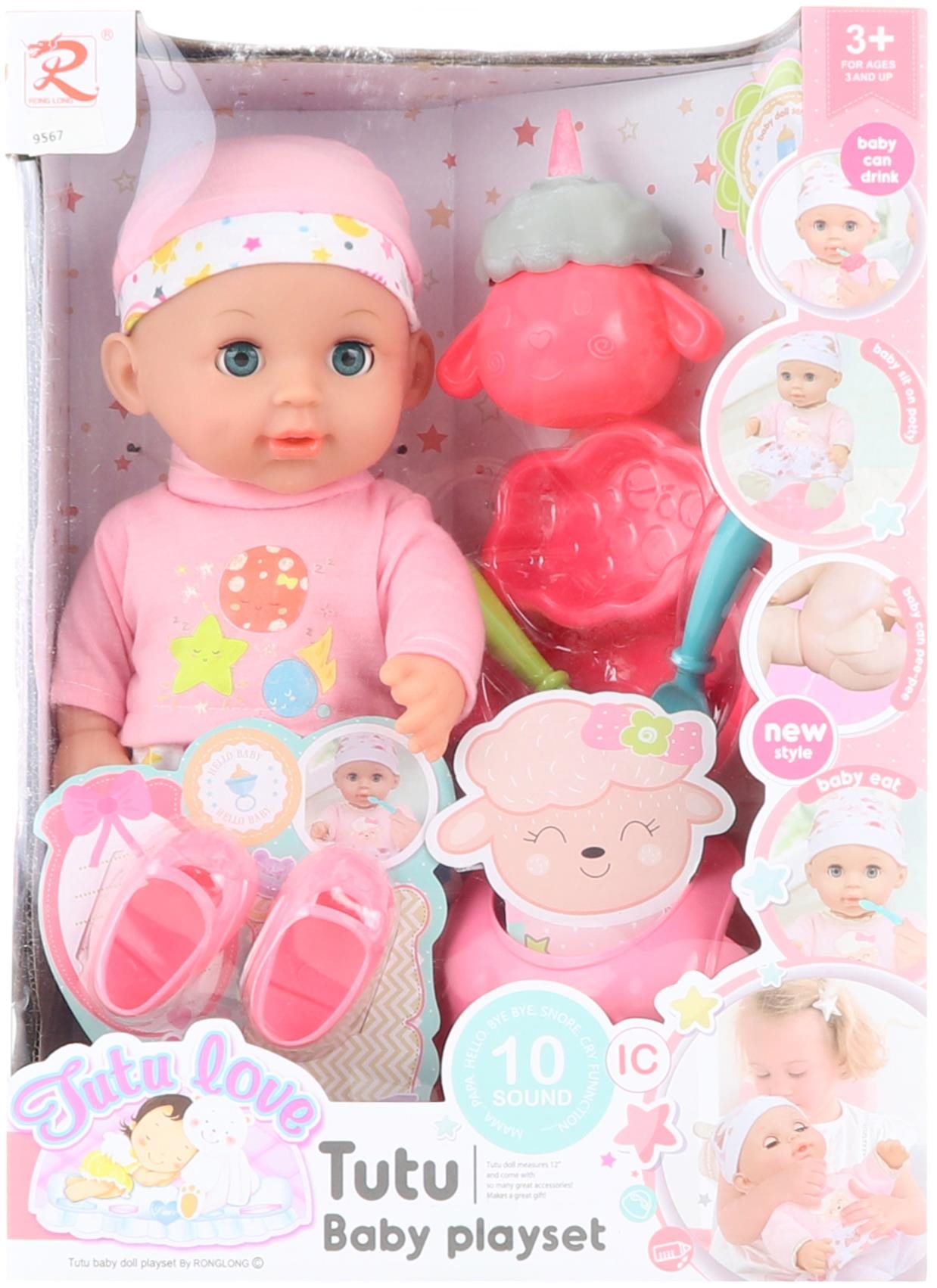 Játékbaba 30 cm-es pisilő baba hangokkal és kiegészítőkkel