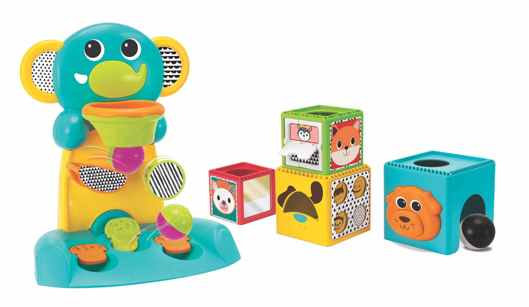Készségfejlesztő játék Busy Baby Happy Hoops játékpult és összerakható kockák
