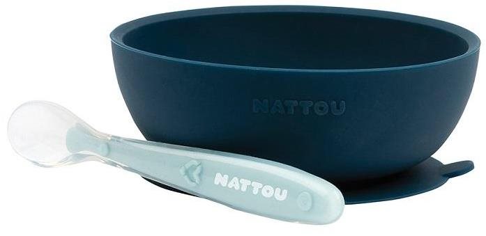 Étkészlet Nattou szett szilikon 2 db tál és kanál kék BPA nélkül