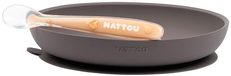 Étkészlet Nattou szett szilikon 2 db tányér és kanál lila-narancs BPA nélkül