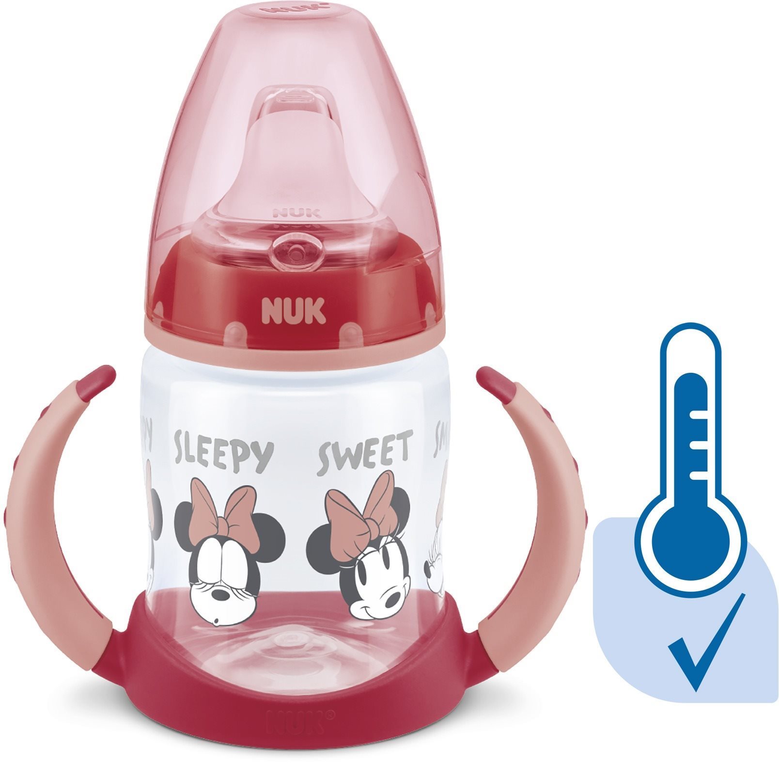 Gyerek kulacs NUK Mickey palack hőmérséklet-szabályozóval 150 ml piros