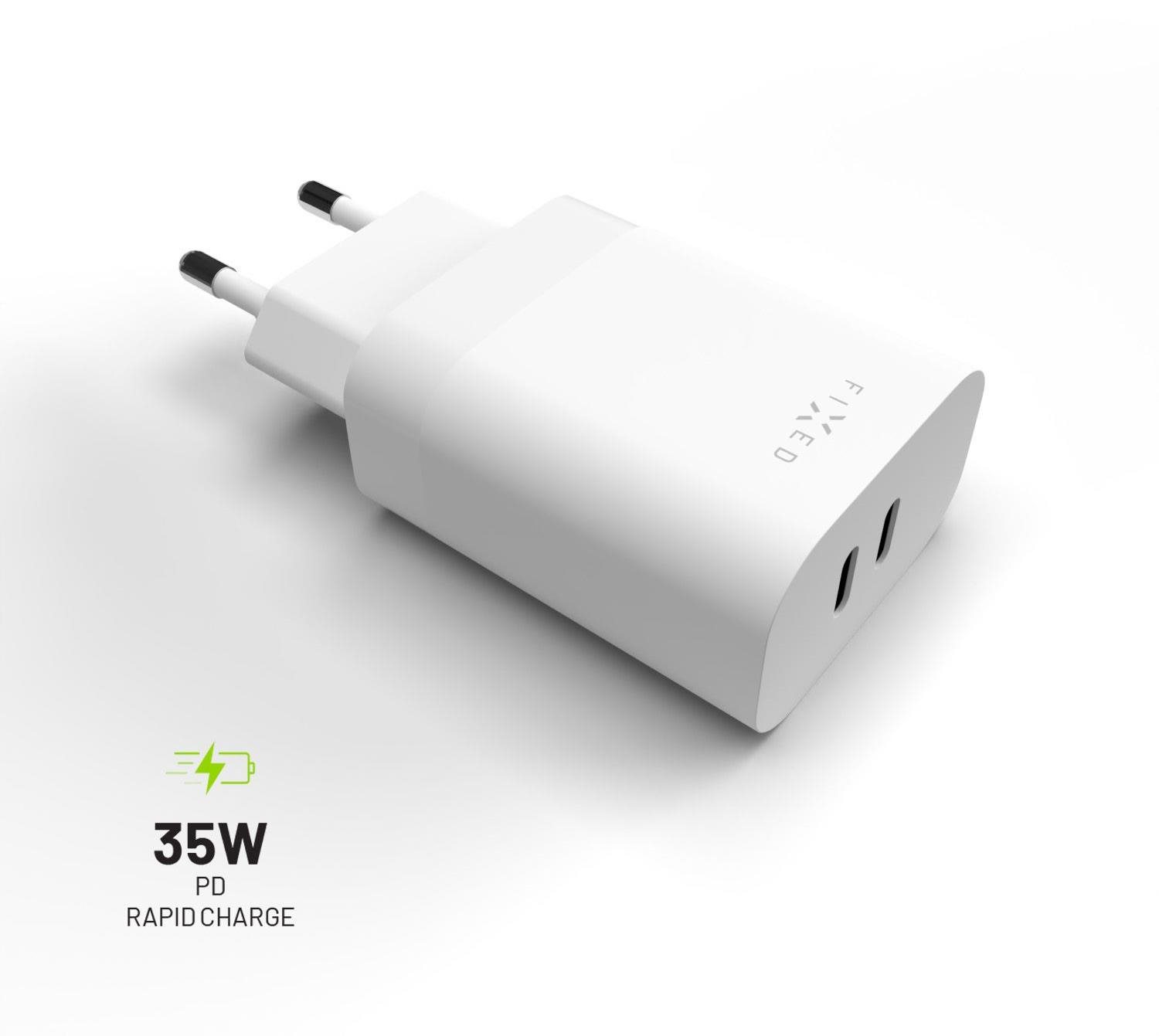 Hálózati adapter FIXED PD Rapid Charge s 2x USB-C kimenettel és Power Delivery 3.0 támogatással 35W fehér színben