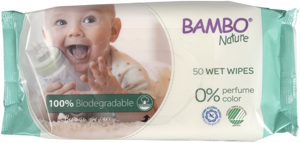 Popsitörlő BAMBO NATURE Biológiailag lebomló nedves törlőkendő 50 db