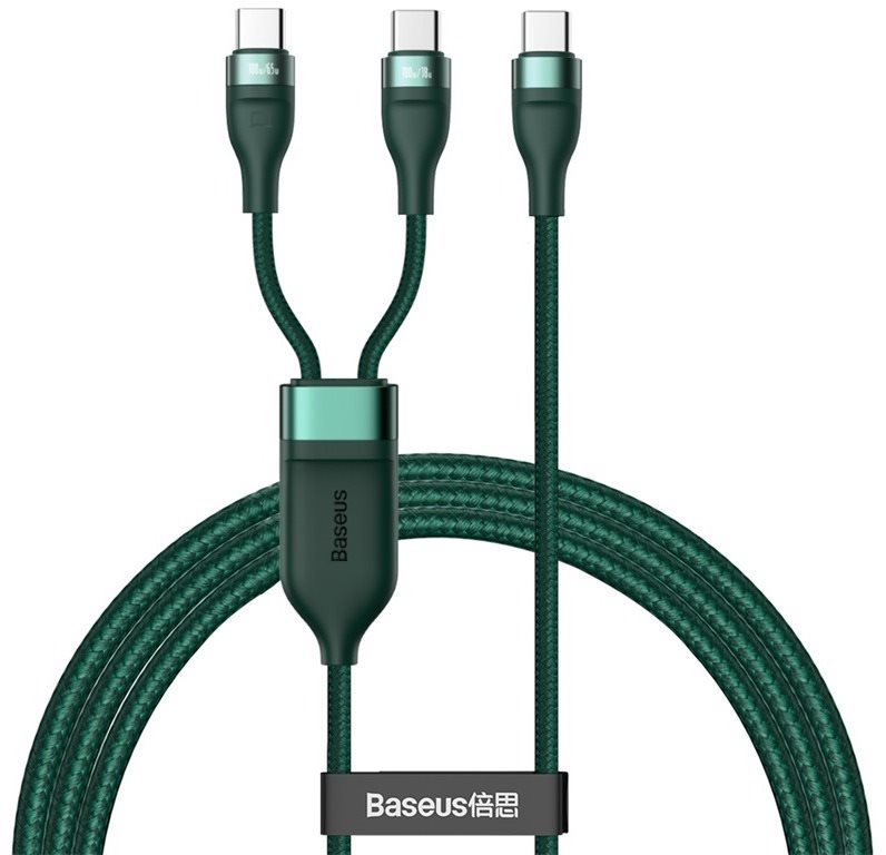 Adatkábel Baseus Flash Series Fast Charging Data Cable Type-C to Dual USB-C 100W 1.5 m Green