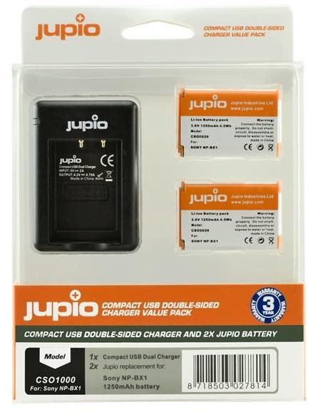 Fényképezőgép akkumulátor Jupio 2x NP-BX1 - 1250 mAh + töltő Sony fényképezőgépekhez