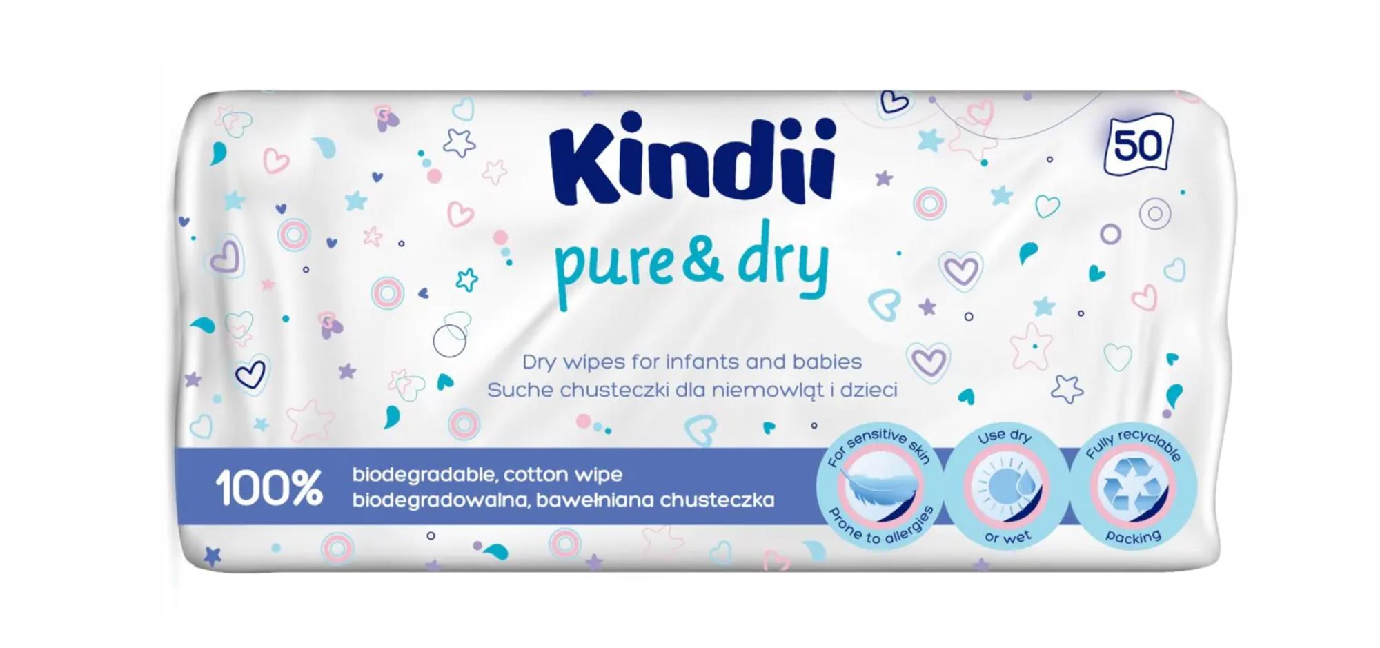 Popsitörlő KINDII Pure&Dry Száraz törlőkendő csecsemőknek és gyerekeknek 50 db